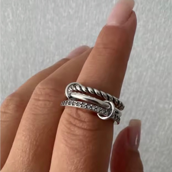 Jewelry - Sterling Silver Twisted and Pavé Stackable Ring - Silver